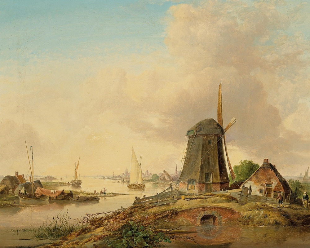 Jan Van Os - A river landscape with a windmill