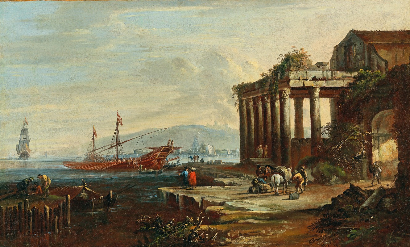 Johann Anton Eismann - A Mediterranean harbor with ruins and figures