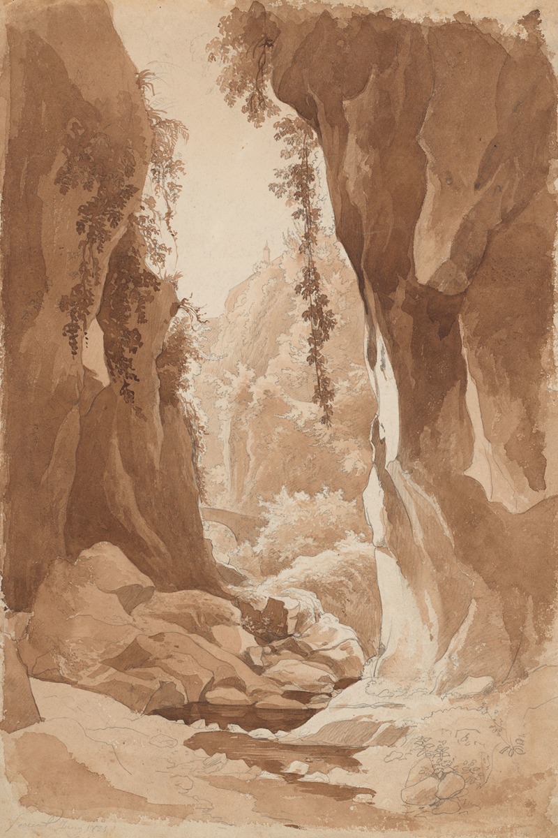 Johann Joachim Faber - Cliffs Overhanging a River Gorge near Sorrento (recto)