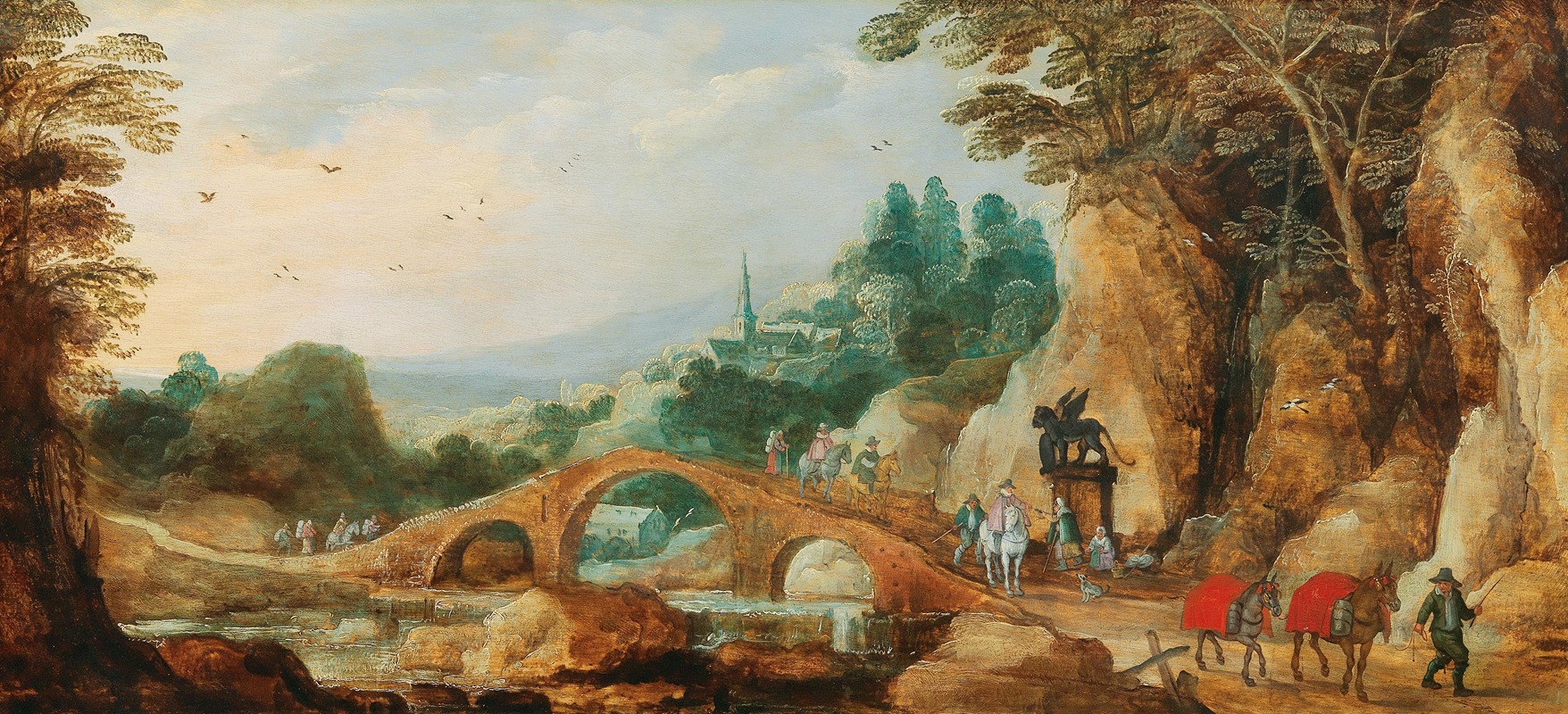 Joos de Momper - A rocky landscape with riders near a bridge