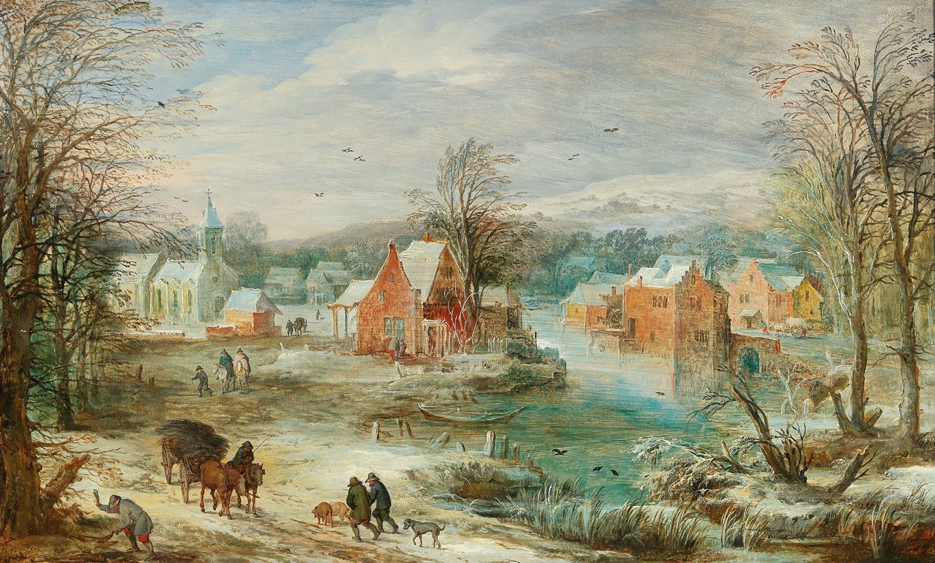 Joos de Momper - A winter landscape with a village and travellers on a path