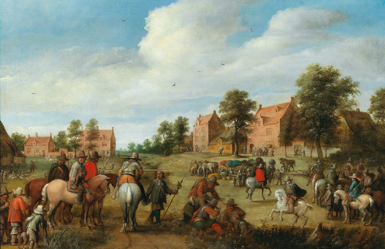 Joost Cornelisz Droochsloot - A cavalry unit halting near a village