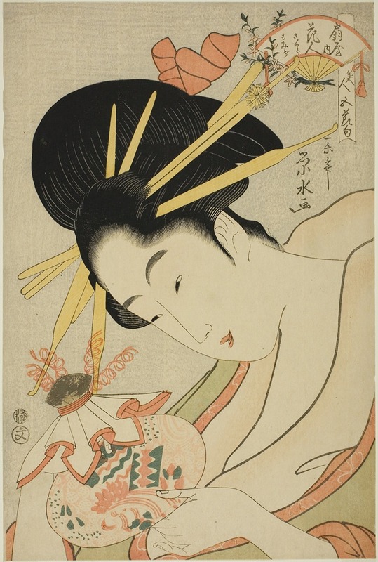 Ichirakutei Eisui - The Courtesan Hanahito of the Ogiya and attendants Sakura and Momiji, from the series ‘Beauties of the Five Festivals (Bijin gosekku)’