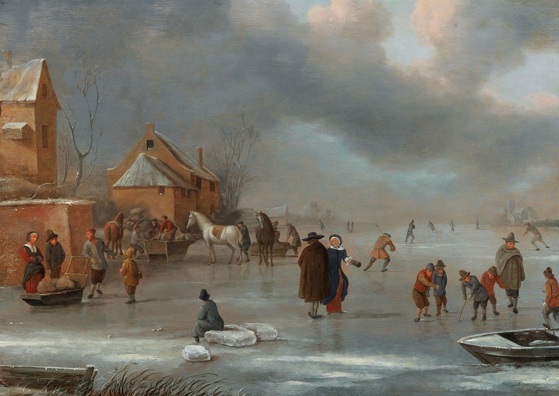 Nicolaes Molenaer - A winter landscape with skaters on the ice