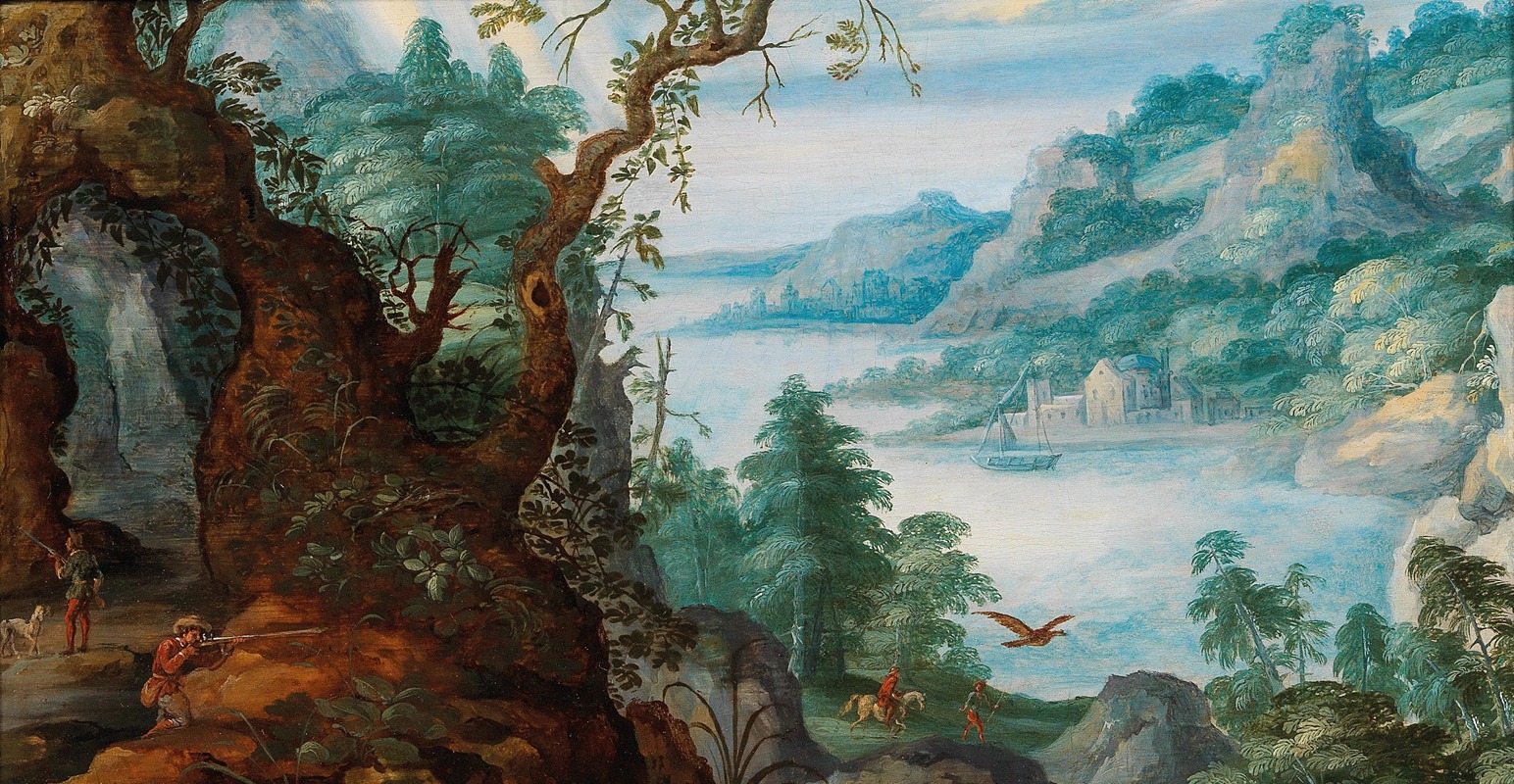 Marten Ryckaert - A mountainous landscape with huntsmen