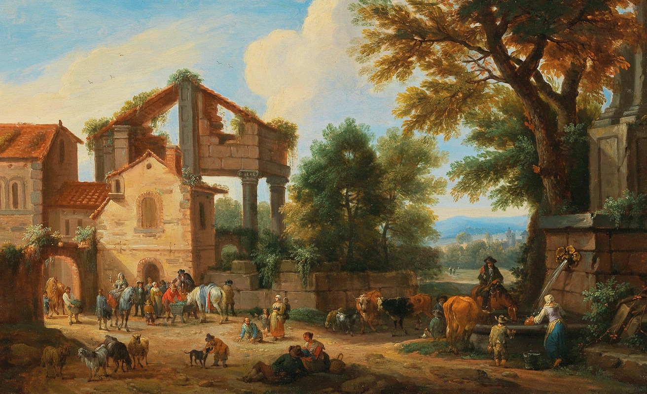 Mathys Schoevaerdts - Travellers outside the gate of a town, near a fountain