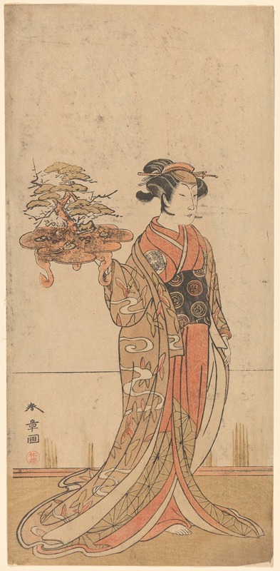 Katsukawa Shunchō - Actor Nakamura Matsuge Portraying a Young Woman Holding a Pot Containing a Dwarf Tree
