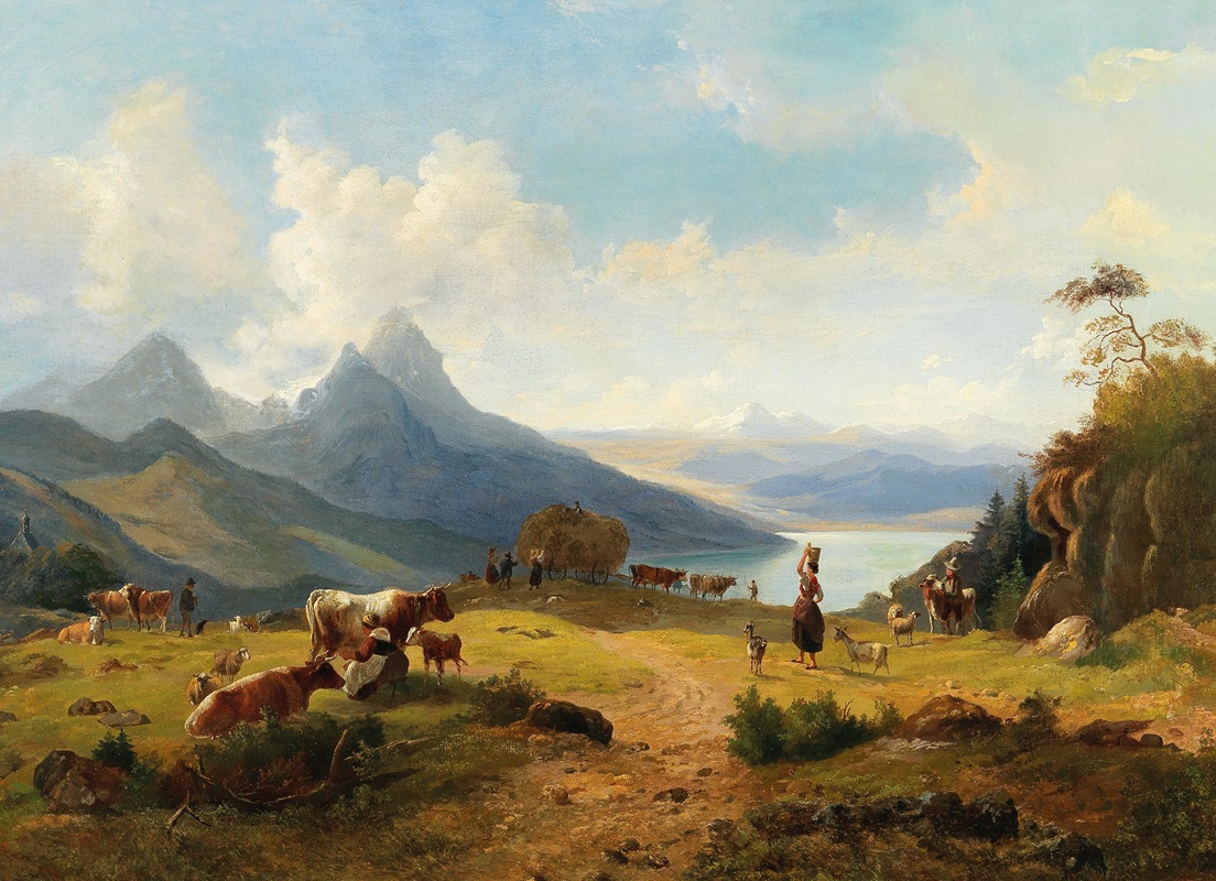 Max Joseph Wagenbauer - An Idyllic Mountain Landscape with a Herd of Animals and Shepherds