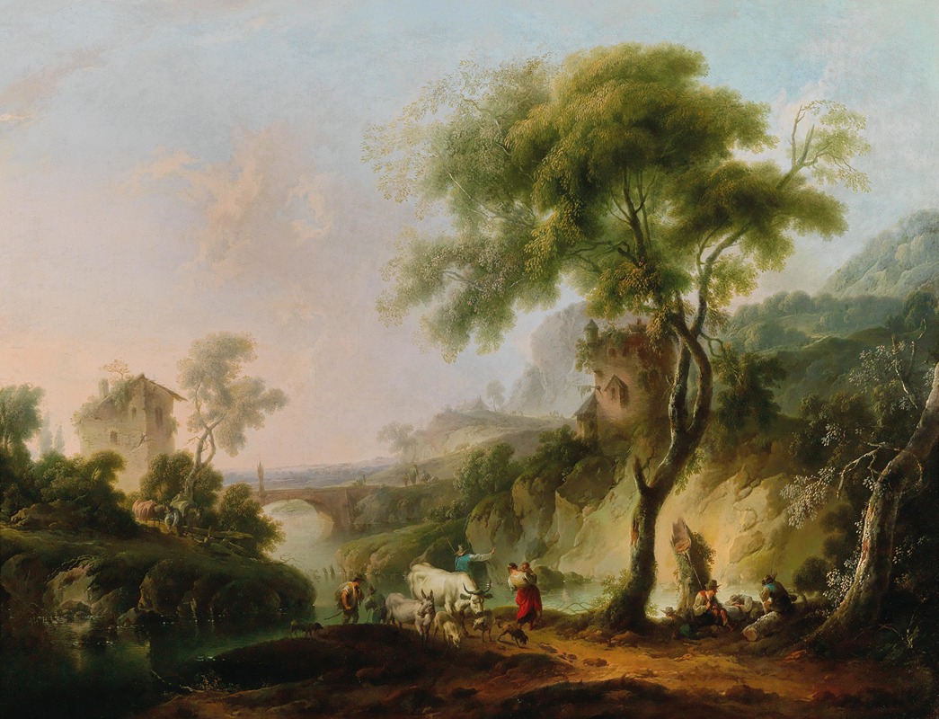 Michael Wutky - A Mediterranean landscape with shepherds and their flock