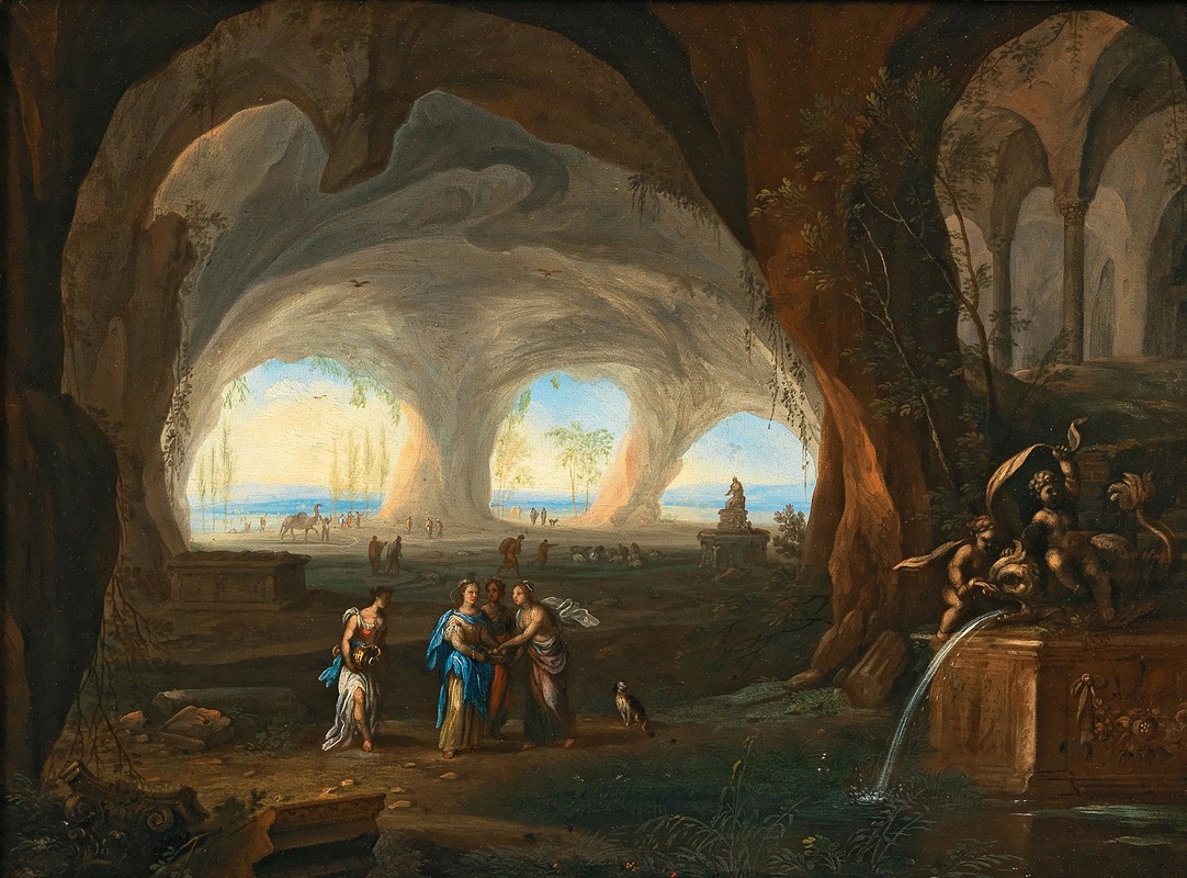 Monogramist MM - Grotto interior with women in antique dress at a fountain