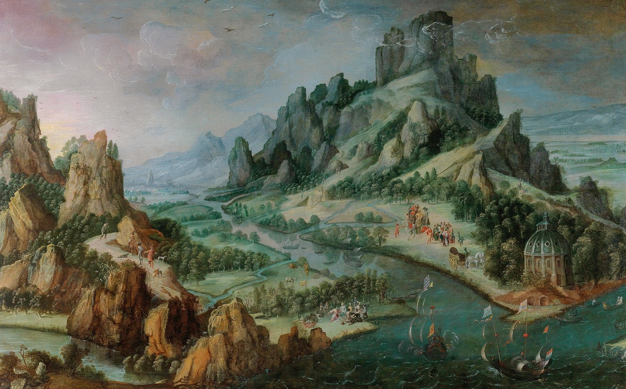 North Netherlandish School - A rocky landscape with numerous figures