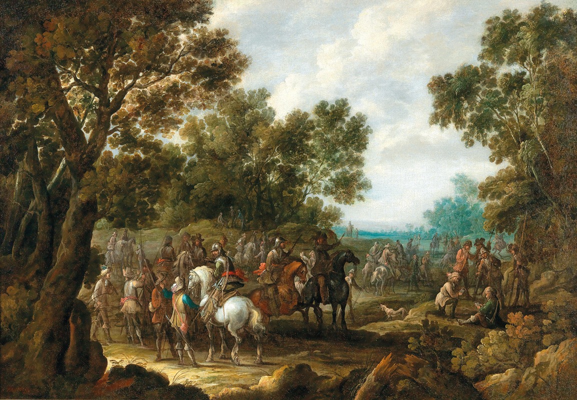 Palamedes Palamedesz - A wooded landscape with soldiers resting