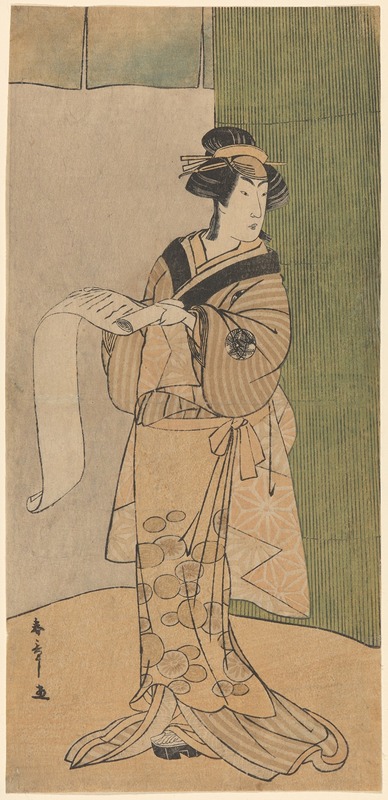 Katsukawa Shunchō - Tall Actor as a Woman Reading a Letter by Bamboo Screen