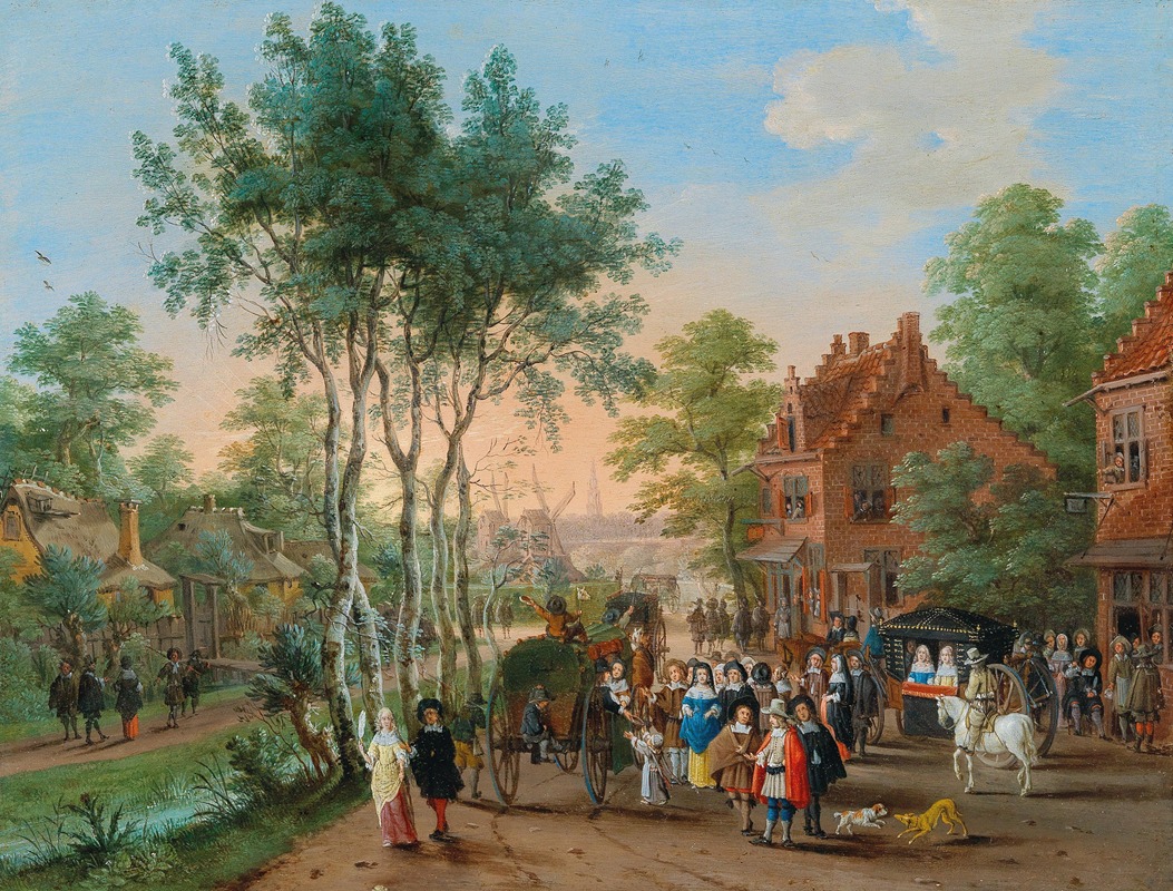 Peeter Gysels - Elegant travellers visiting a village by a river