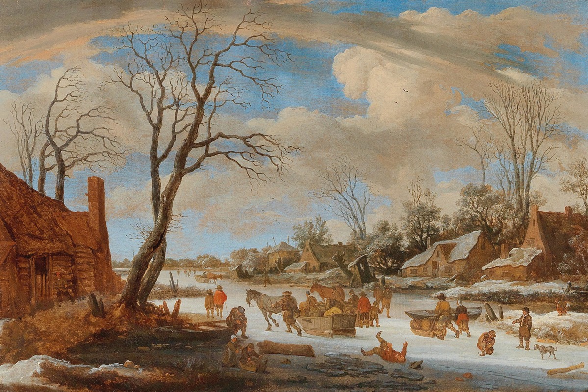 Pieter de Molijn - A winter landscape with travellers and other figures on ice