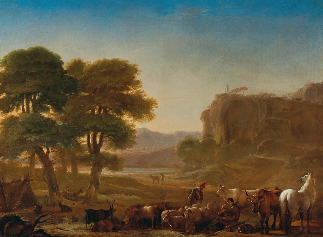 Pieter van Laer - A view of the Roman Campagna with shepherds resting with their livestock