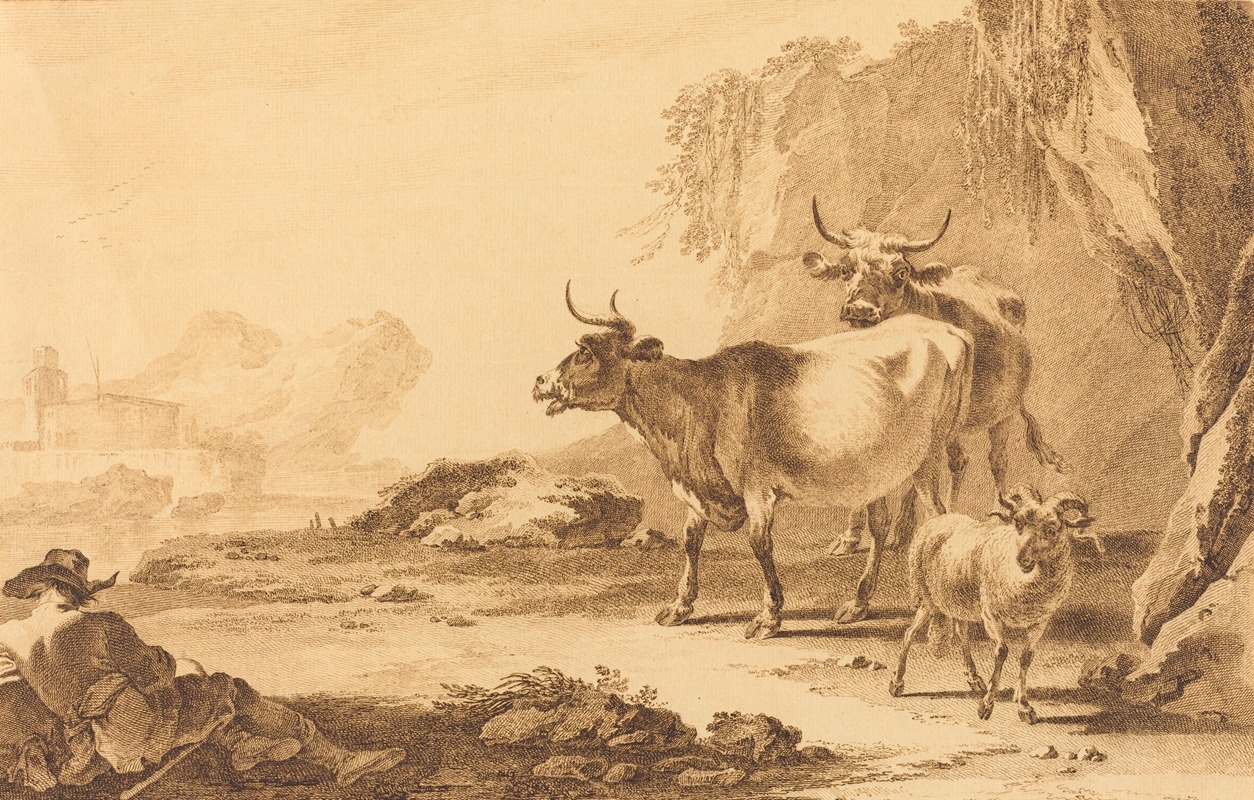 Pietro Giacomo Palmieri - Landscape with Cattle,a Goat and a Resting Shepherd