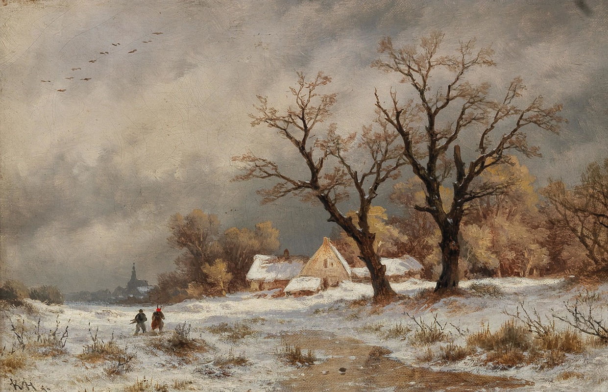 Remigius Adrianus van Haanen - A Winter Landscape with Wood Collectors before a Small Village