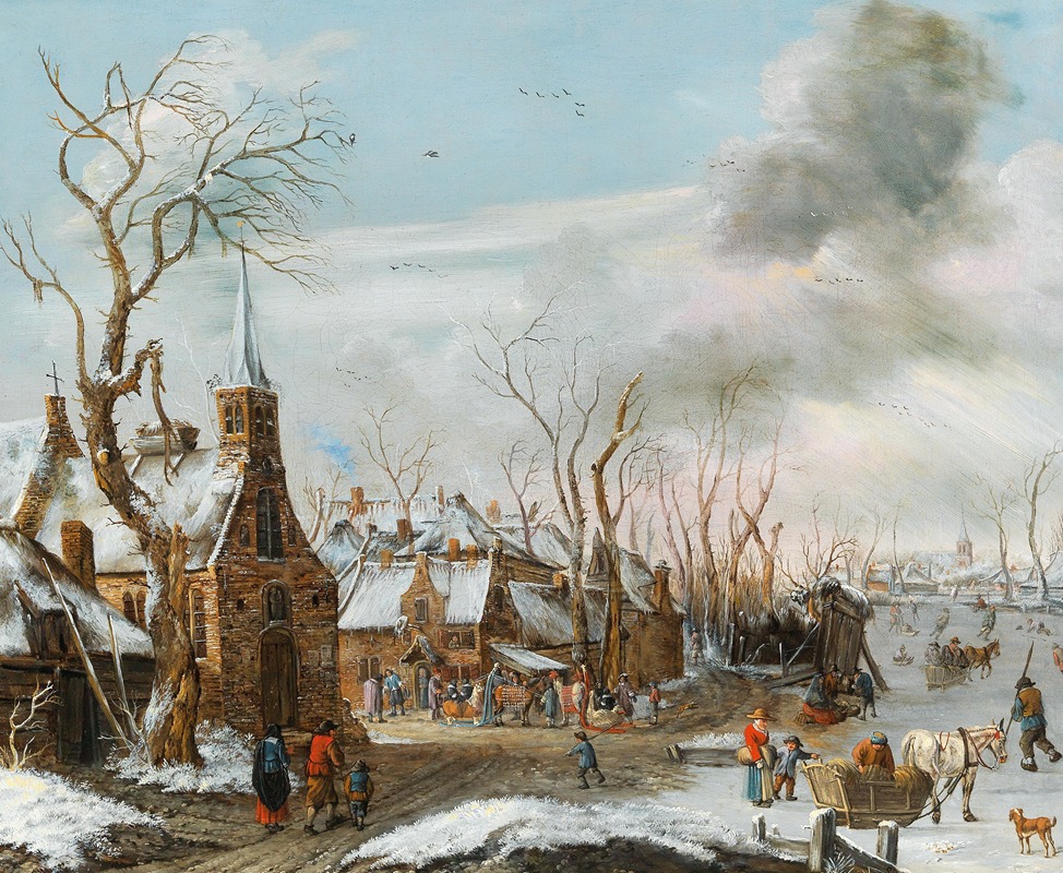 Salomon Rombouts - A winter landscape with a market scene