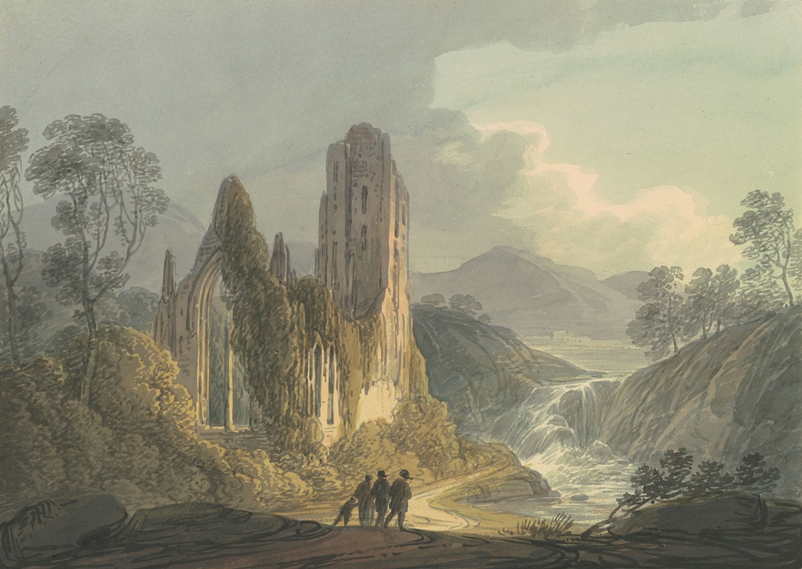William Payne - A Ruined Abbey by a Waterfall