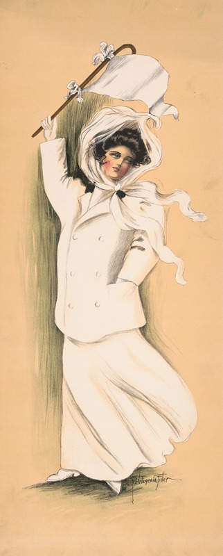 Eugenia Fidler - Woman in white dress and coat waving white flag
