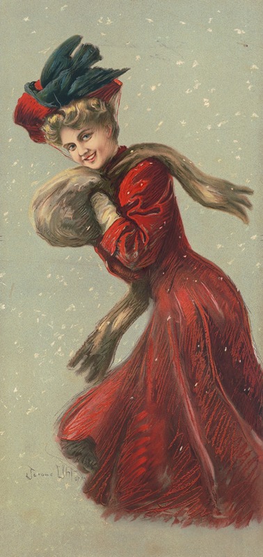Gray Litho. Co - Woman wearing red coat and hat with fur muffler in the snow