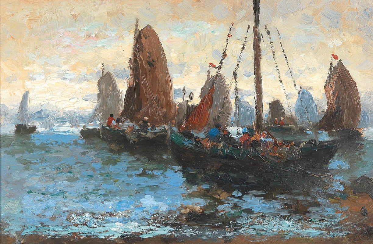 Adolf Kaufmann - Seascape with Many Sailing Boats