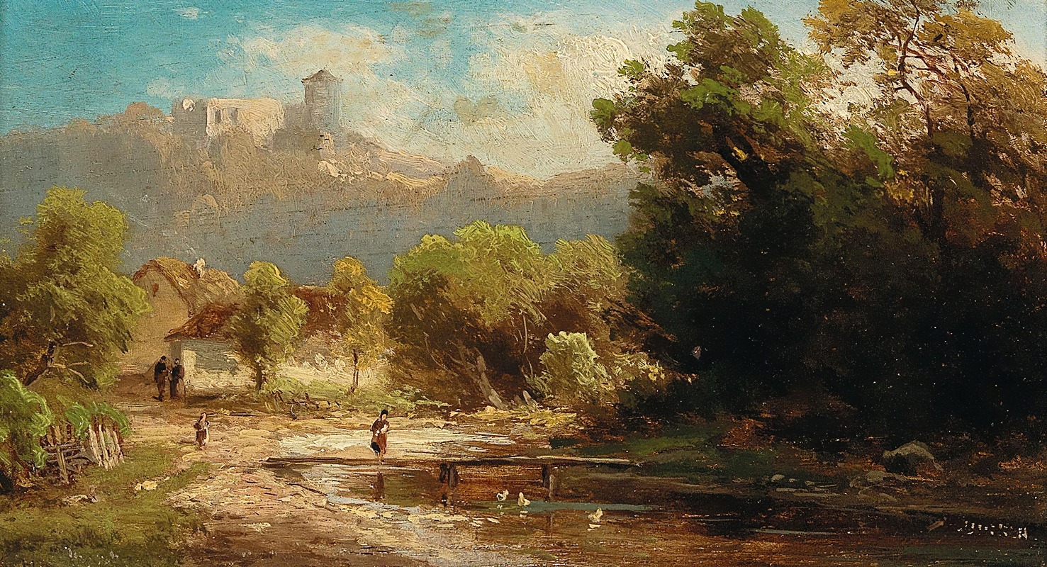 Anton Hugo Ullik - Landscape with Duck Pond and View of a Castle
