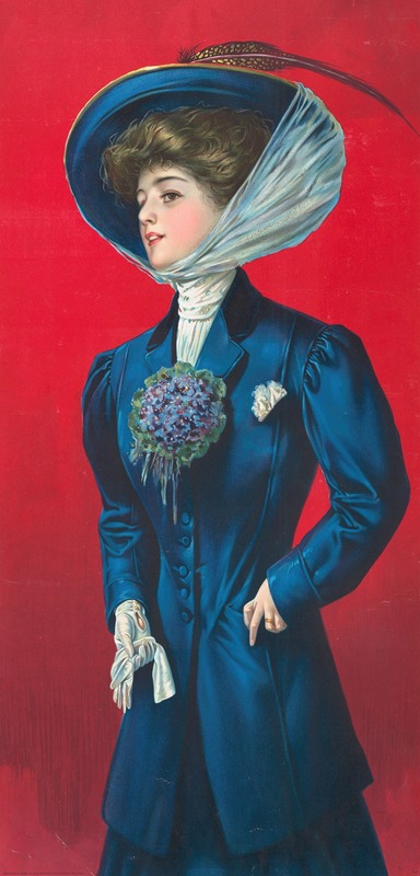 Sackett & Wilhelms Co. - Woman in blue hat and coat with flower corsage on lapel