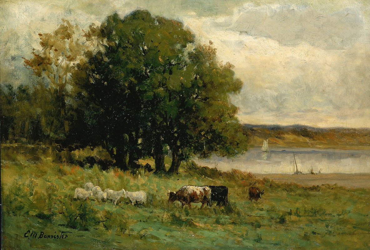 Edward Mitchell Bannister - Untitled (cattle near river with sailboat in distance)