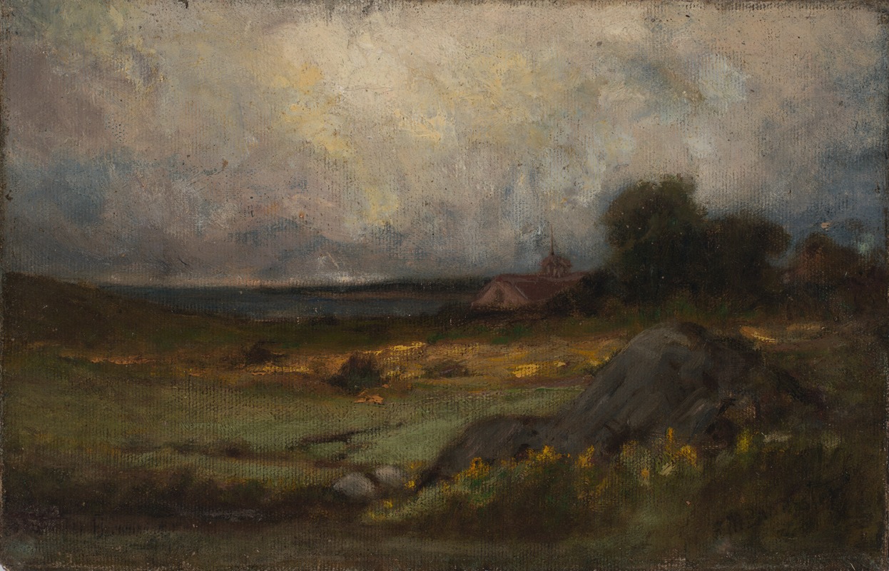 Edward Mitchell Bannister - Untitled (landscape with rock in foreground and roof with steeple, lake in background)