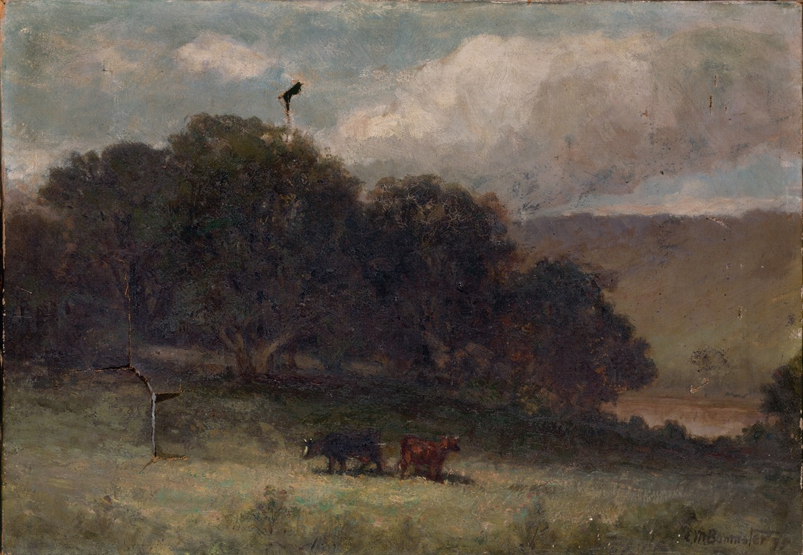 Edward Mitchell Bannister - Untitled (landscape with trees and two cows in meadow)