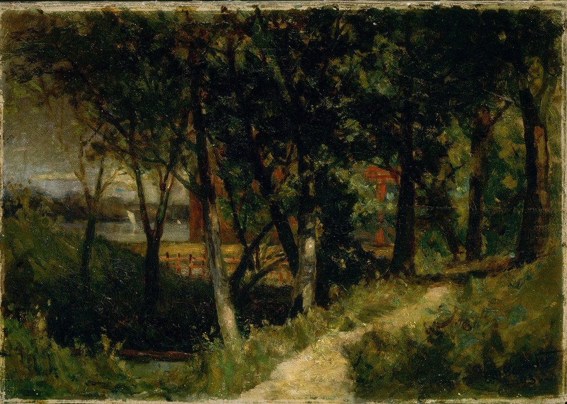 Edward Mitchell Bannister - Untitled (landscape, forest scene with red fence and building)