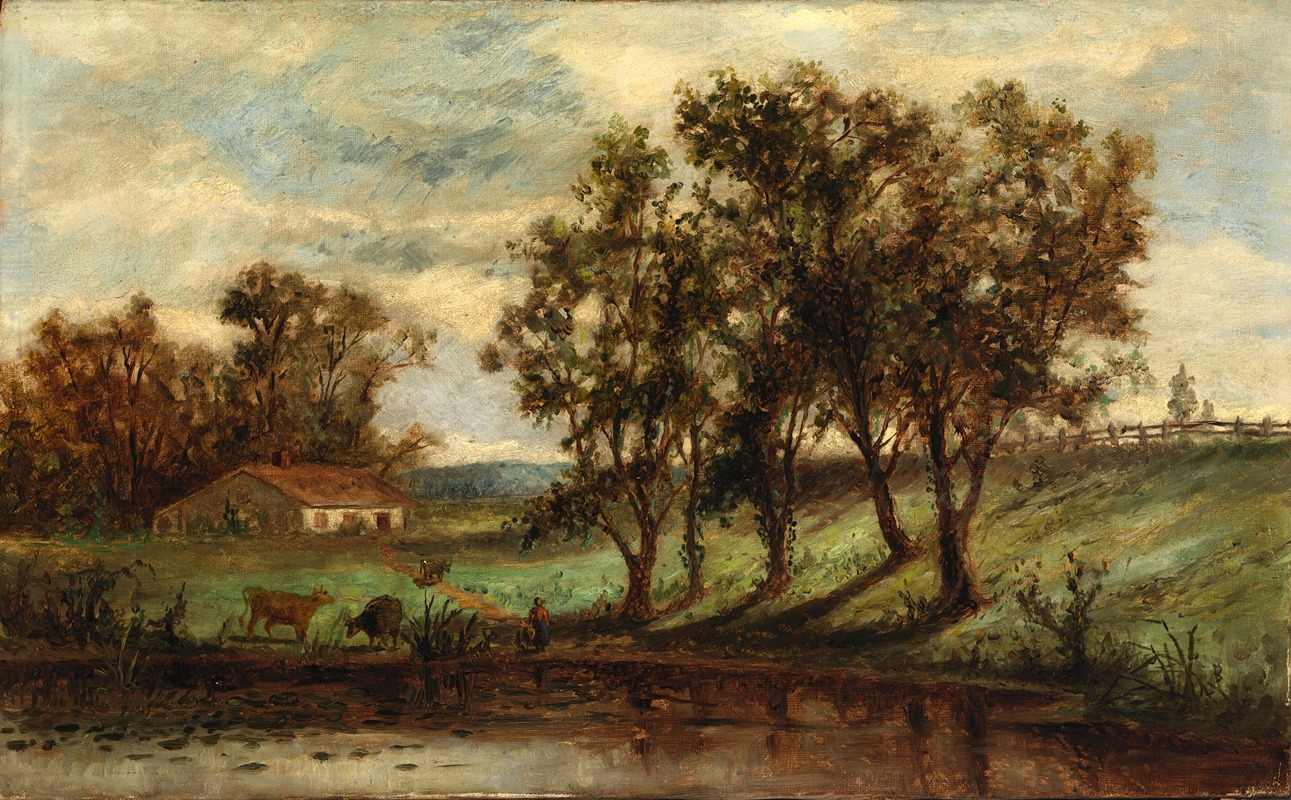 Edward Mitchell Bannister - Untitled (man with cows grazing near pond with house and trees in background)