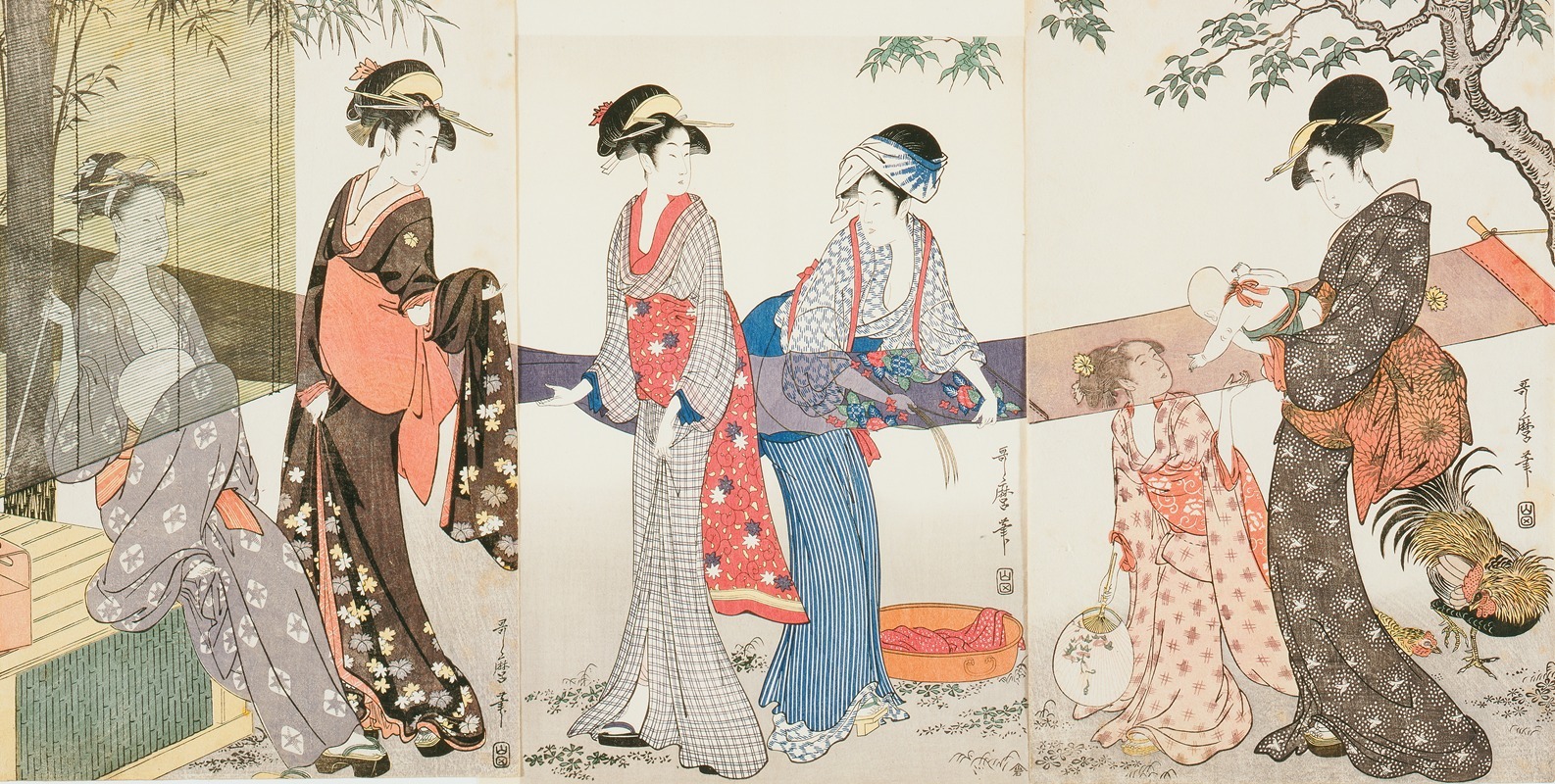 Kitagawa Utamaro - Drying and Stretching Cloth