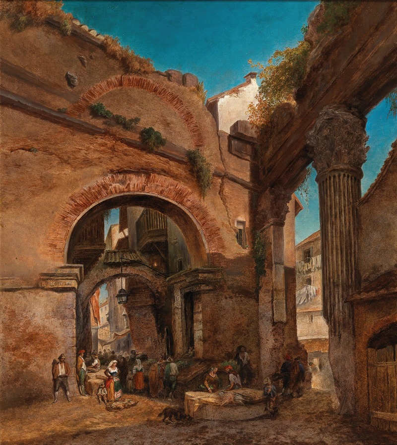 Friedrich Loos - Rome, view at the Portico di Ottavia with the old fisher’s market