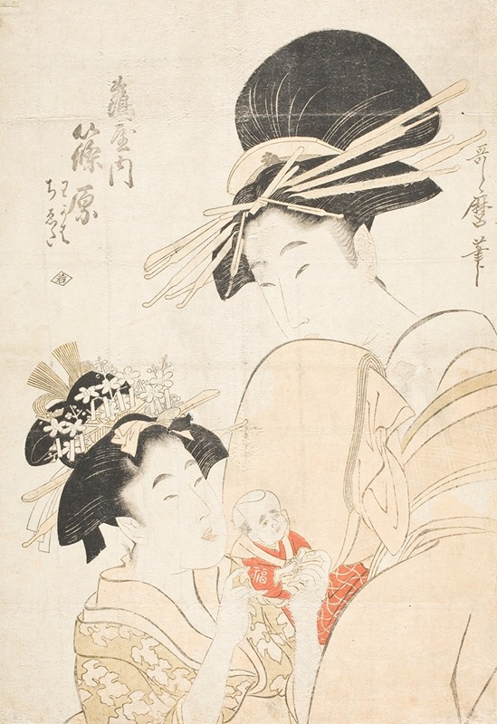 Kitagawa Utamaro - Shinohara of the Tsuruya, kamuro Wakaba and Chieda