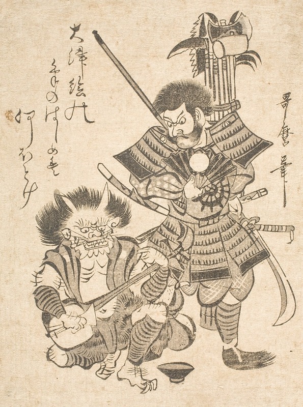 Kitagawa Utamaro - Souvenir Print from Ōtsu; Benkei with Weaponry and a Demon with a Samisen