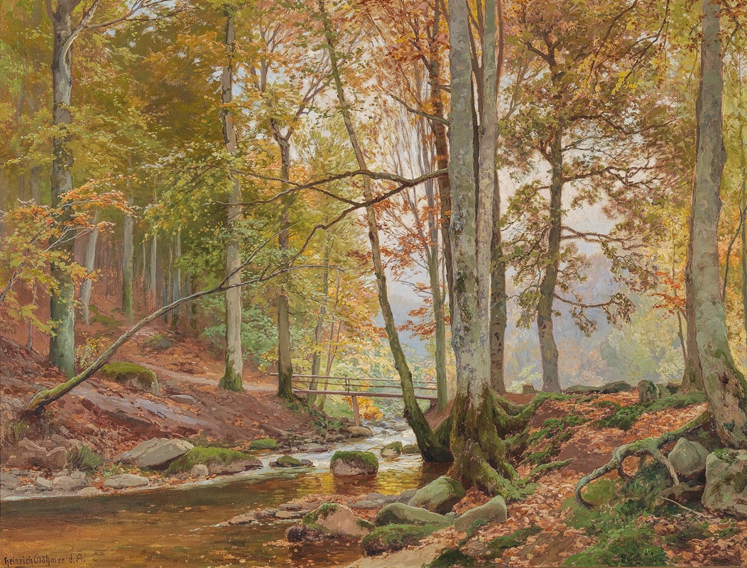 Heinrich Böhmer - Autumn Woodland with Bridge over a Stream