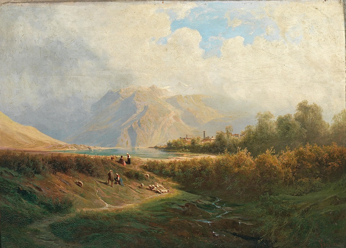 Leopold Heinrich Vöscher - Upper Italian Town on a Lakeshore with Herd of Sheep and Shepherd in the foreground