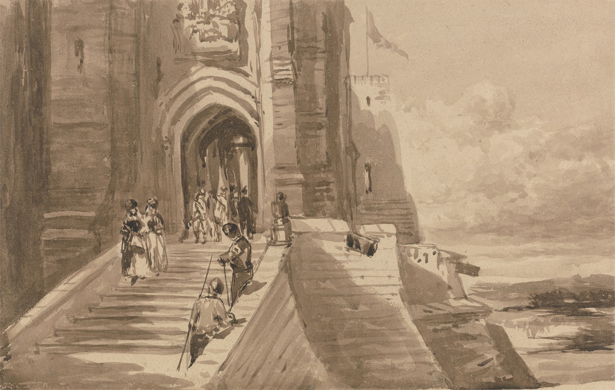 David Cox - Figures on the Outer Staircase of a Castle