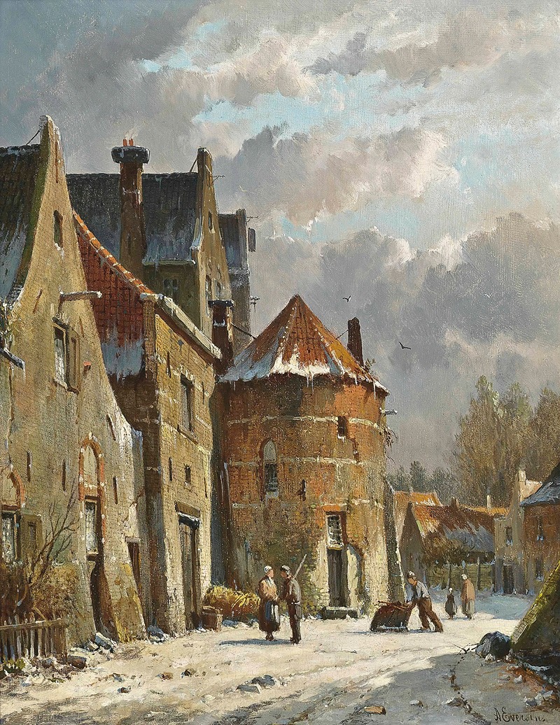 Adrianus Eversen - Figures On A Dutch Street, Winter