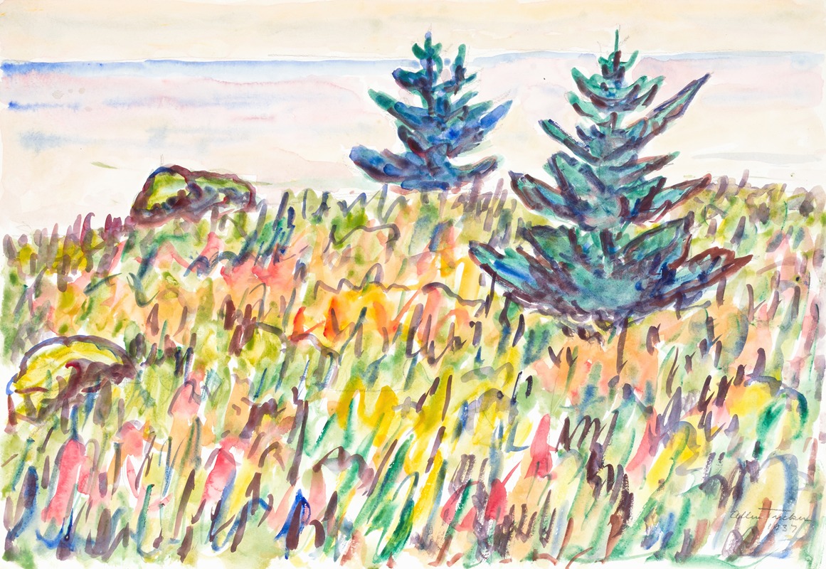 Allen Tucker - Watercolor No. 35, Field With Two Pine Trees