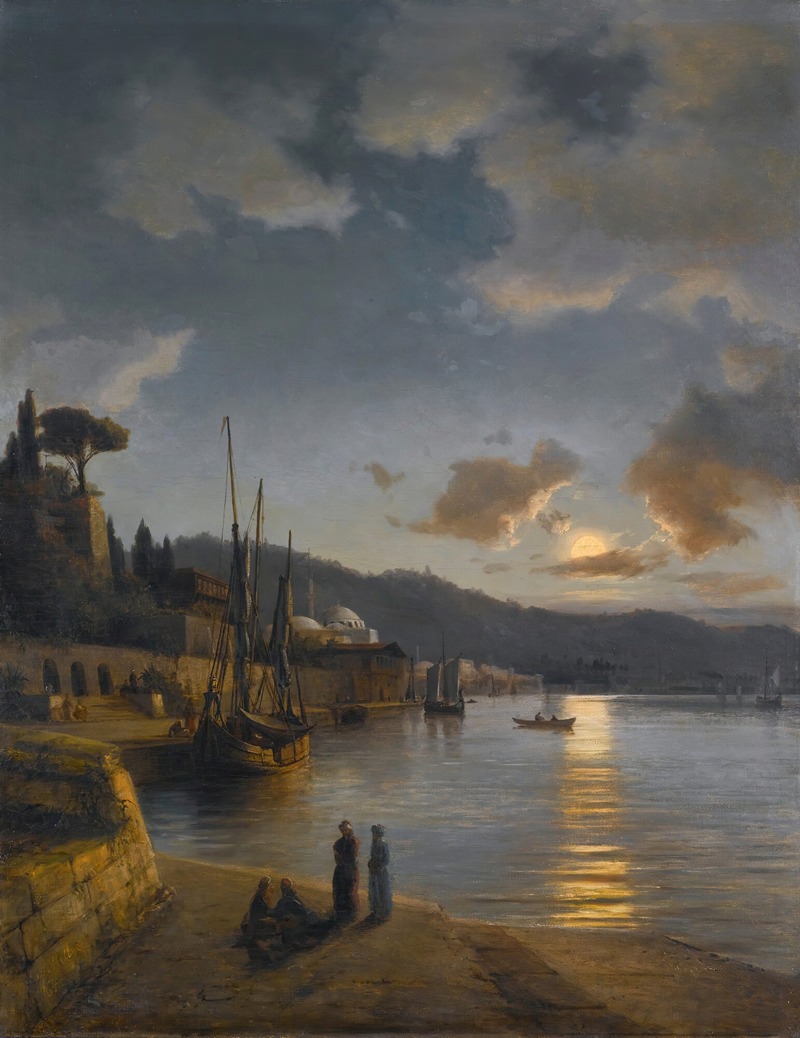 Anton Melbye - A Turkish Harbour By Moonlight