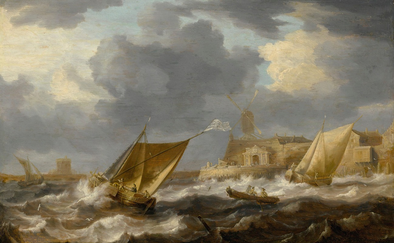 Bonaventura Peeters the Elder - Vessels And A Rowing Boat On Choppy Waters, Near A Small Harbor Town With A Windmill, Possibly Hoboken