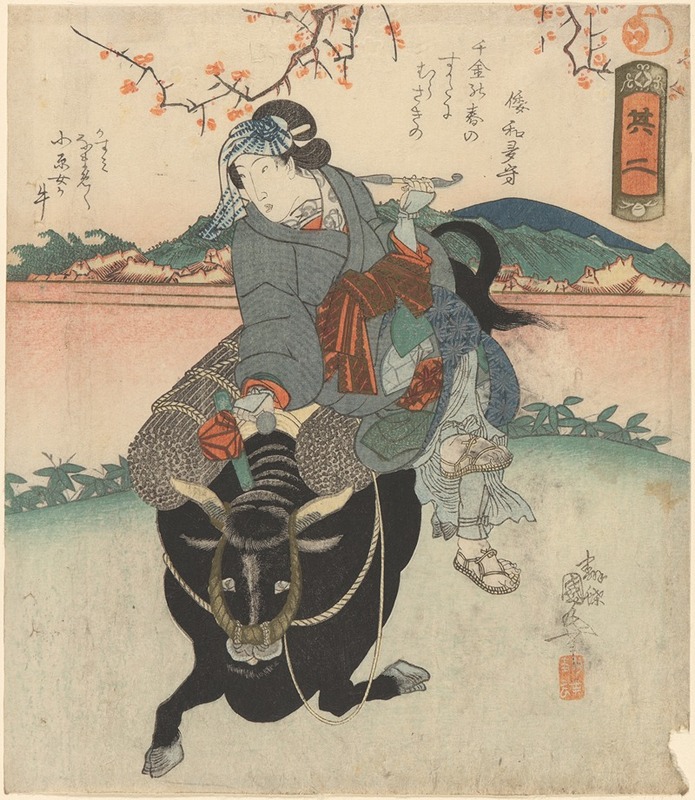 Utagawa Kunimaro - Woman Riding on the Back of a Bull