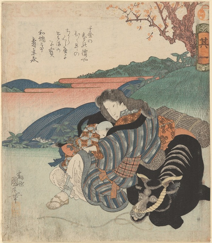 Utagawa Kunimaru - Mother Nursing Child, Leaning on a Bull