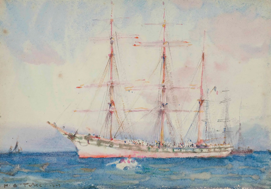 Henry Scott Tuke - French Windjammer At Anchor Signed And Indistinctly