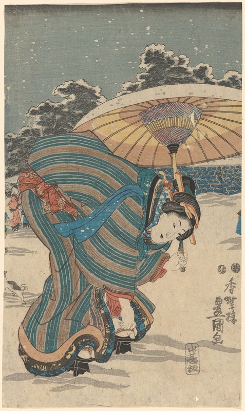 Utagawa Kunisada (Toyokuni III) - Snow Scene; Woman Bending to Adjust Shoe