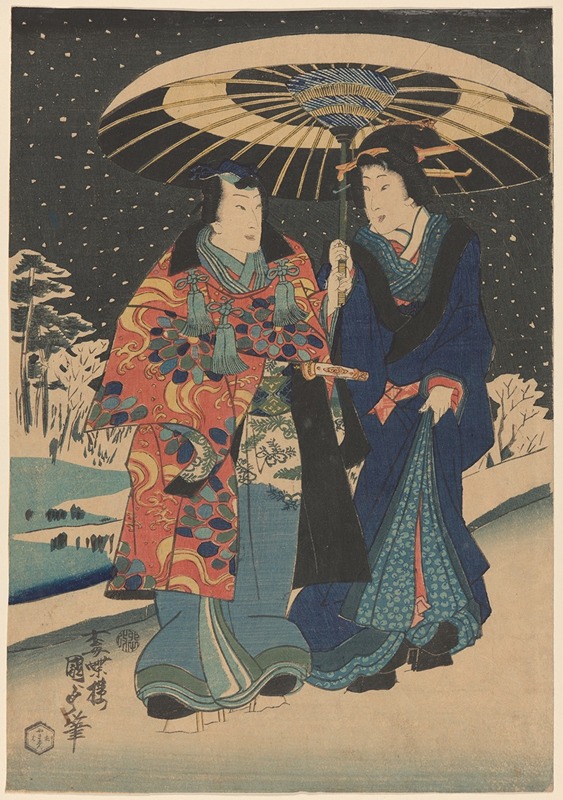 Utagawa Kunisada (Toyokuni III) - Snow Scene; Woman in Blue, Man in Red and Blue, Under Black and White Umbrella